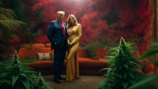 trump stands next to cannabis plant