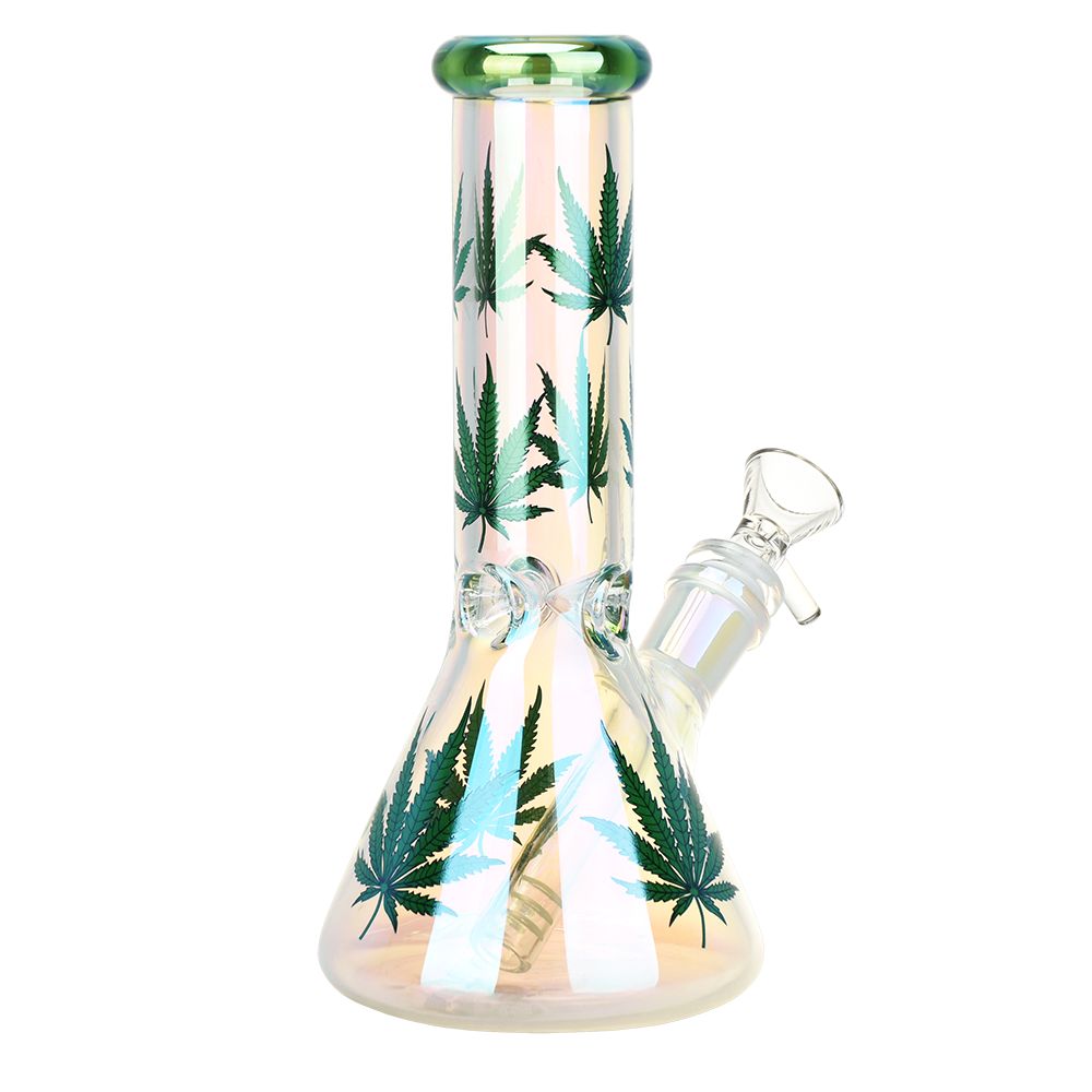 Realistic Hemp Leaf Beaker Glass Water Pipe - 7.75"