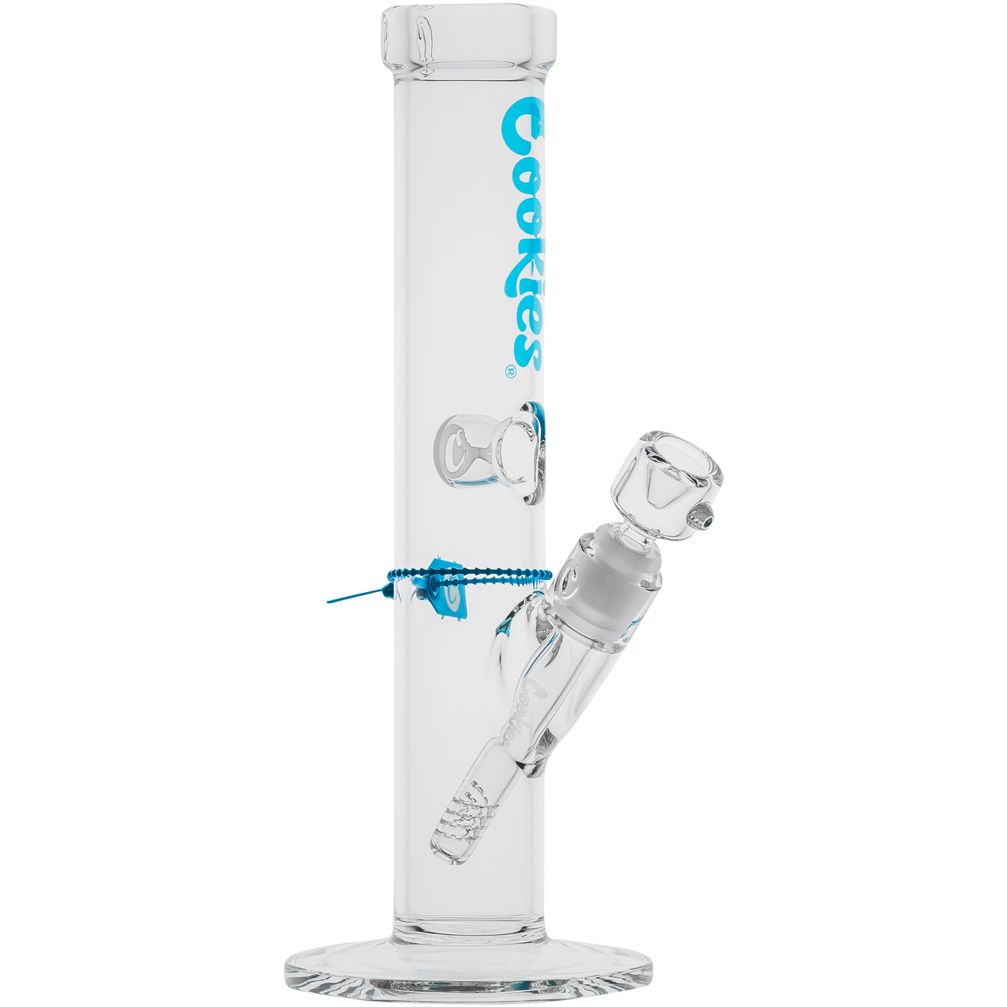 Glass water pipe with blue accents and curved neck from Cookies Original Straight Bong