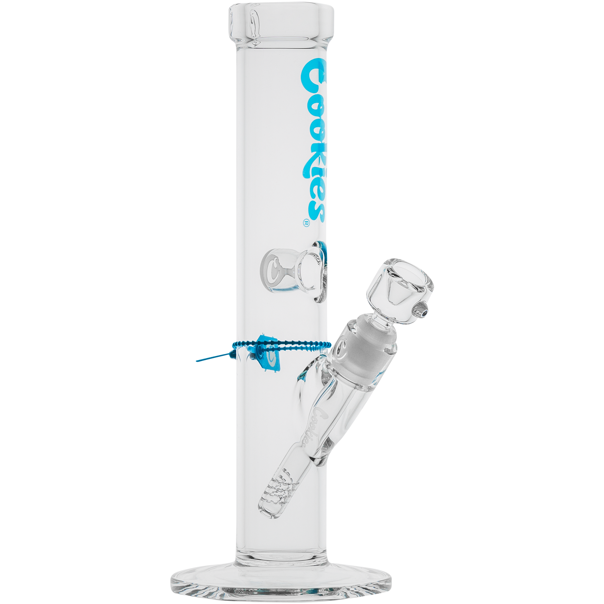 Glass water pipe with blue accents and curved neck from Cookies Original Straight Bong