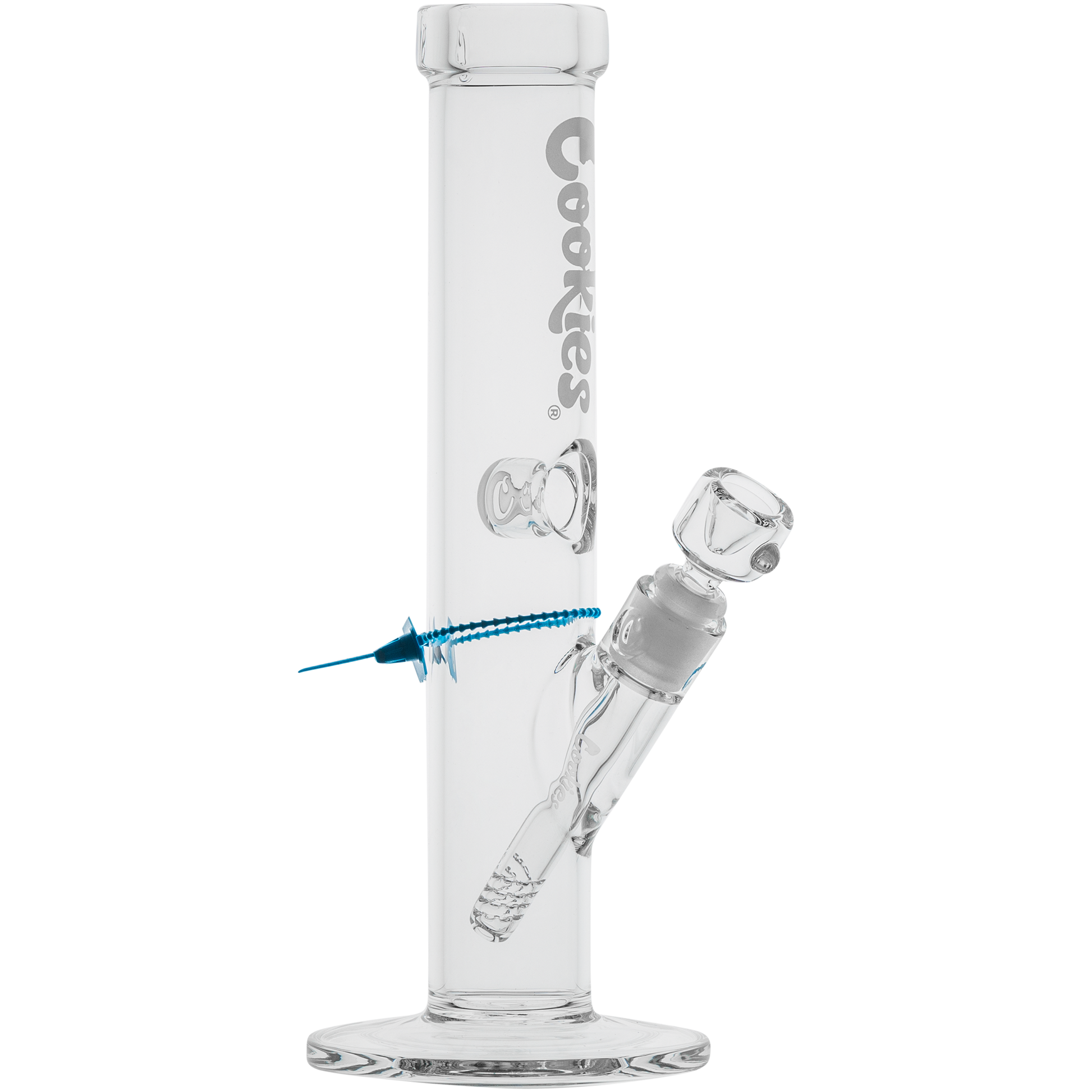 Glass water pipe featuring a straight tube design and angled mouthpiece for Cookies Original