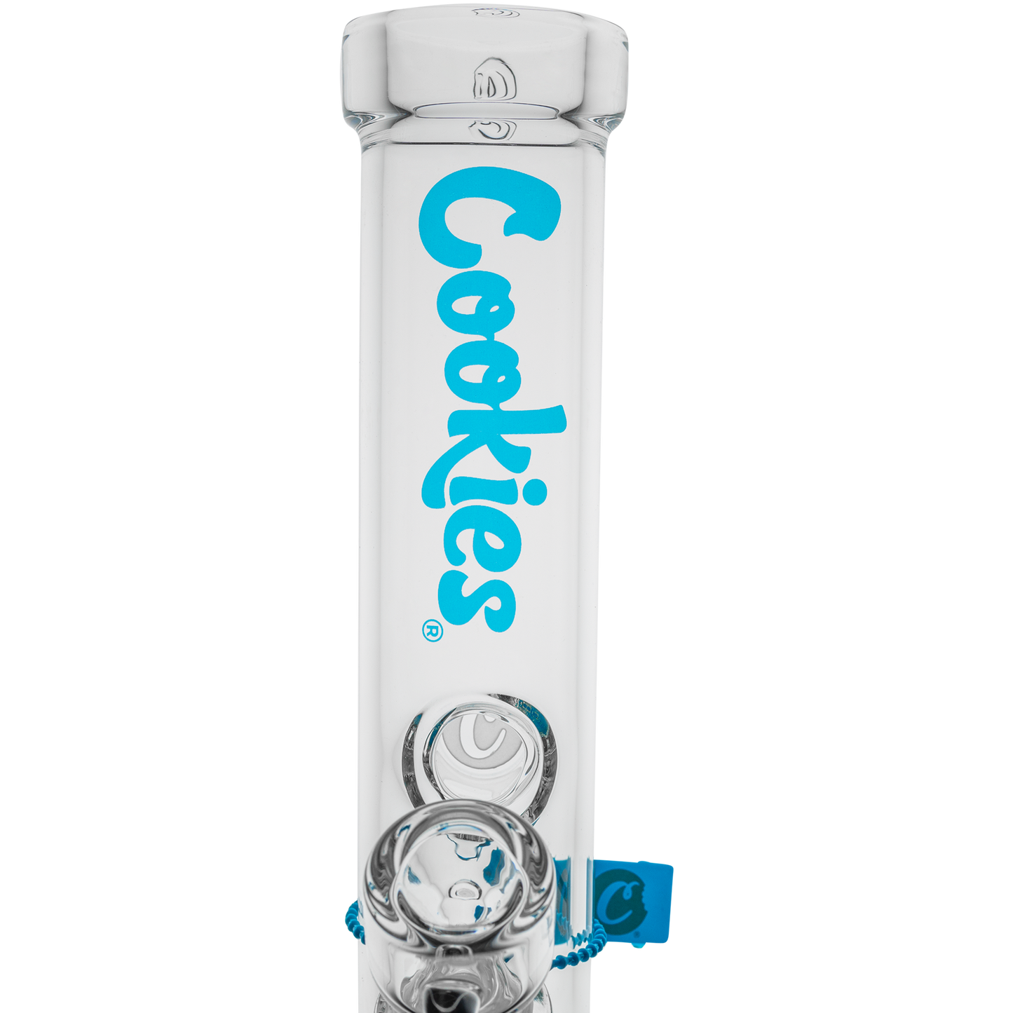 Glass bong showcasing Cookies branding in blue lettering for the Cookies Original Straight