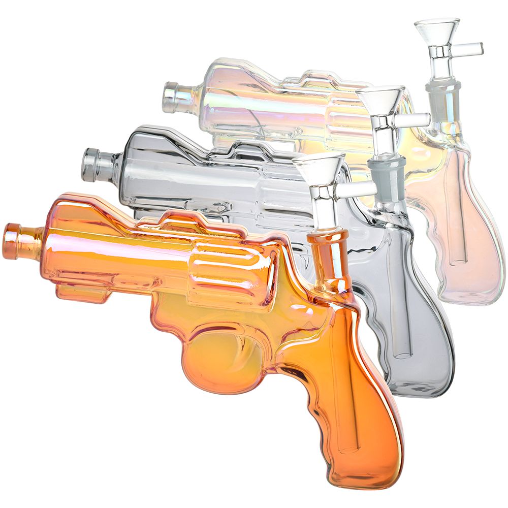 Revolver Handgun Electroplated Glass Water Pipe - 8" / 14mm F / Colors Vary