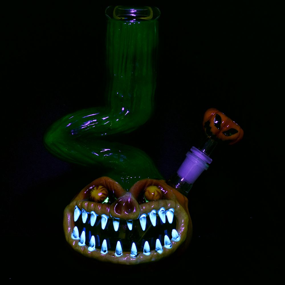 Bent Neck Scary Pumpkin Enamel On Glass Bong - 10" / 14mm F