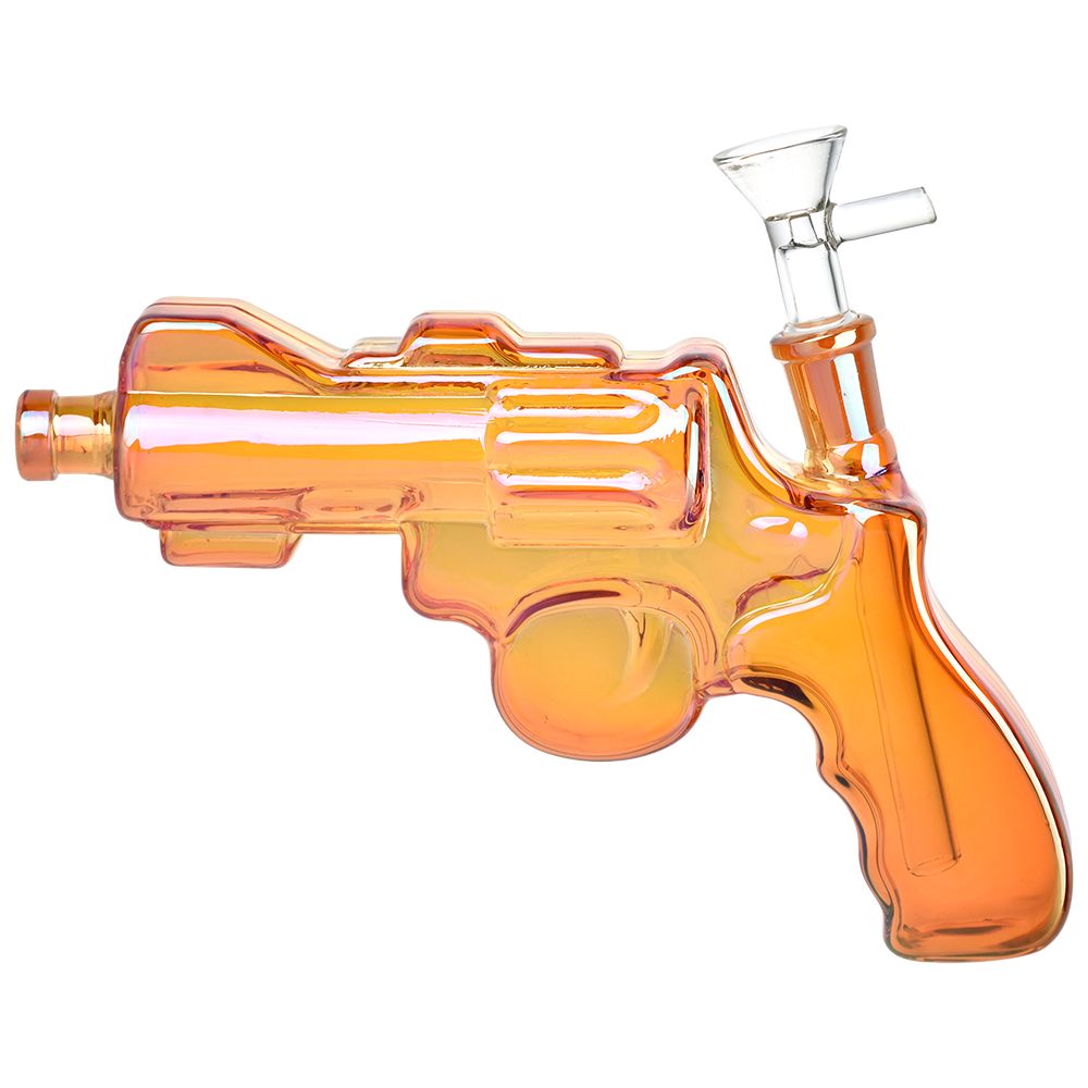 Revolver Handgun Electroplated Glass Water Pipe - 8" / 14mm F / Colors Vary