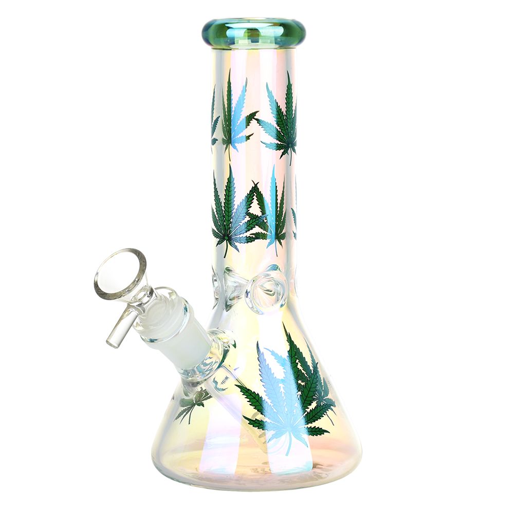 Realistic Hemp Leaf Beaker Glass Water Pipe - 7.75"