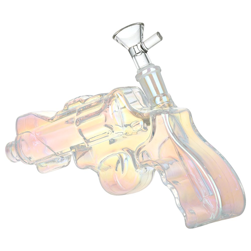 Revolver Handgun Electroplated Glass Water Pipe - 8" / 14mm F / Colors Vary