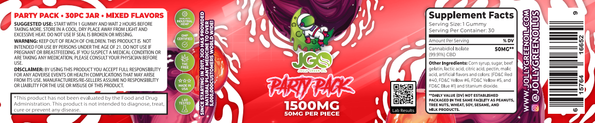 JGO CBD Party Pack Gummies, 1500 mg, 30 ct (THC FREE)