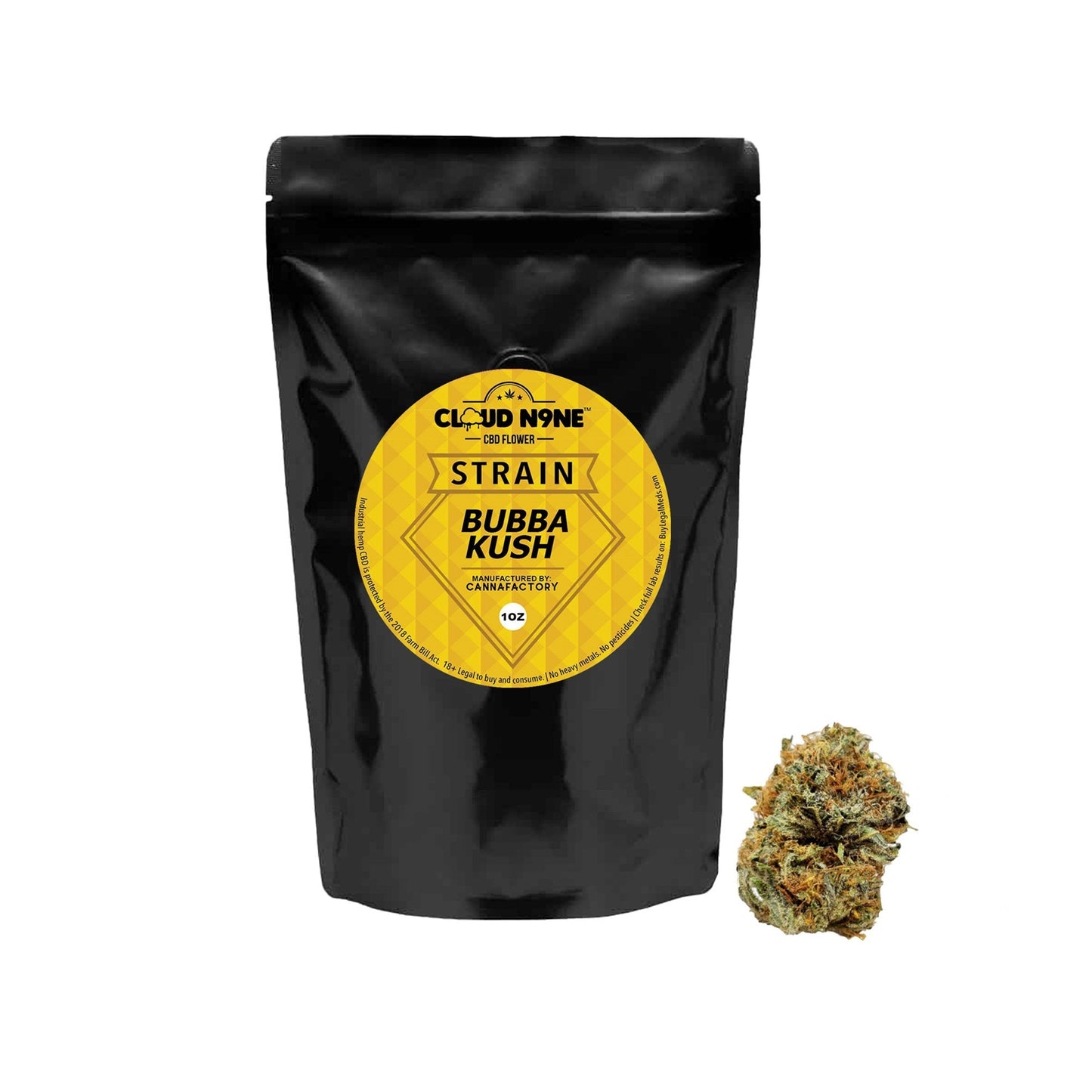 Black resealable pouch with yellow label showcasing Cloud N9ne CBD Flower Bubba Kush