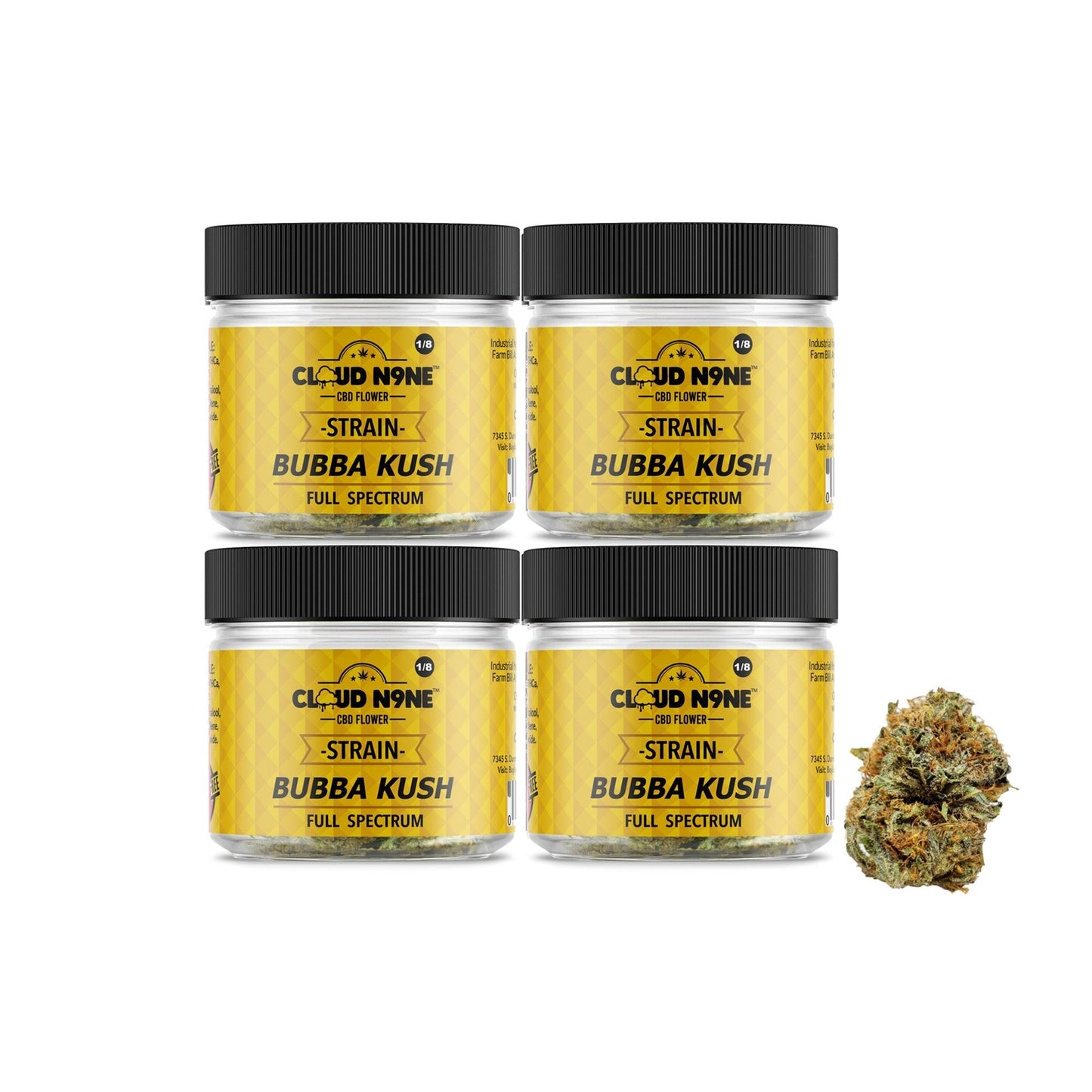 Four yellow containers of Cloud N9ne CBD Flower Bubba Kush with a cannabis bud