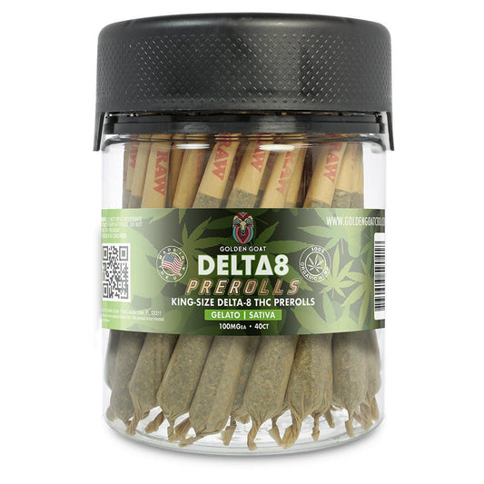 Container of king size Delta 8 pre-rolled joints in a stylish jar for ultimate bliss