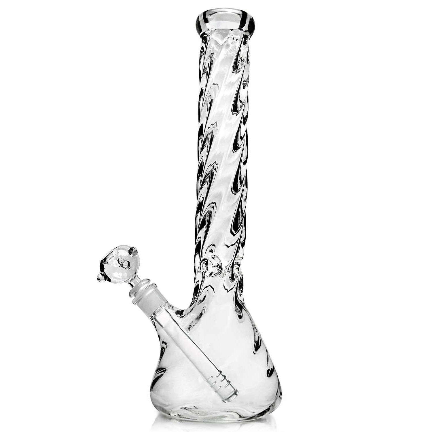 Stylish glass water pipe featuring a twisted neck and side stem, perfect glass beaker bong