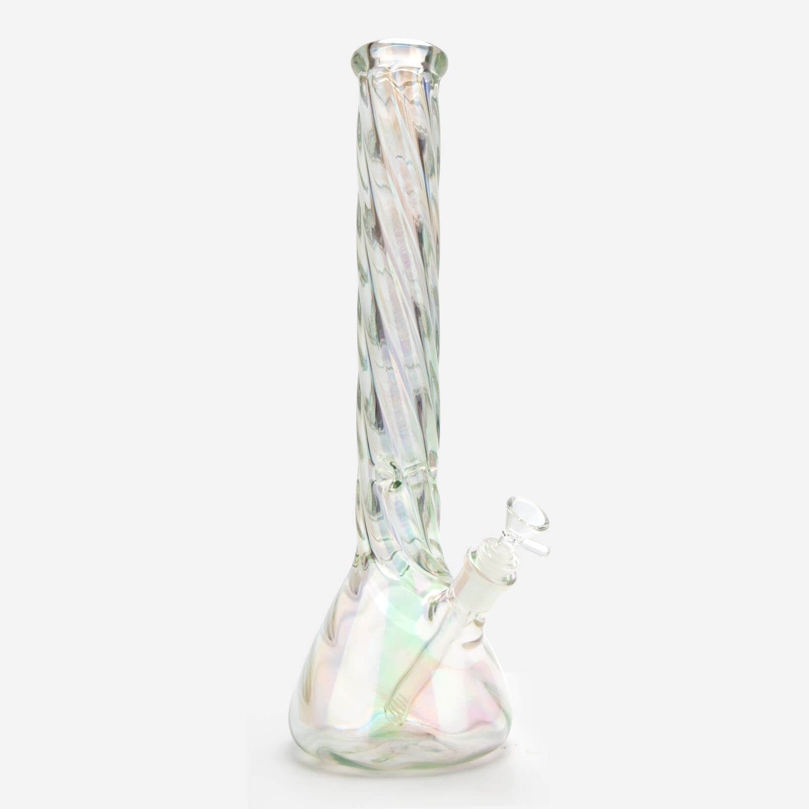 Glass beaker bong with twisted neck and iridescent base for unmatched style