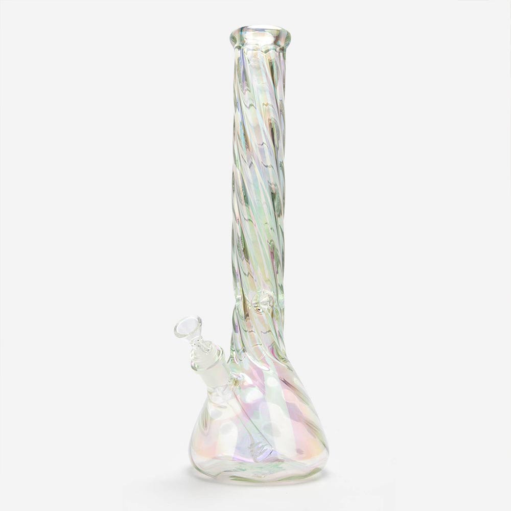 Glass beaker bong with a swirled iridescent design for unmatched style