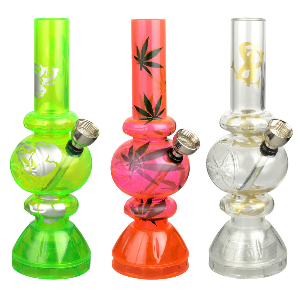 Mini Acrylic Bubble Water Pipe w/ Built in Grinder Base - 6.75" / Assorted Designs