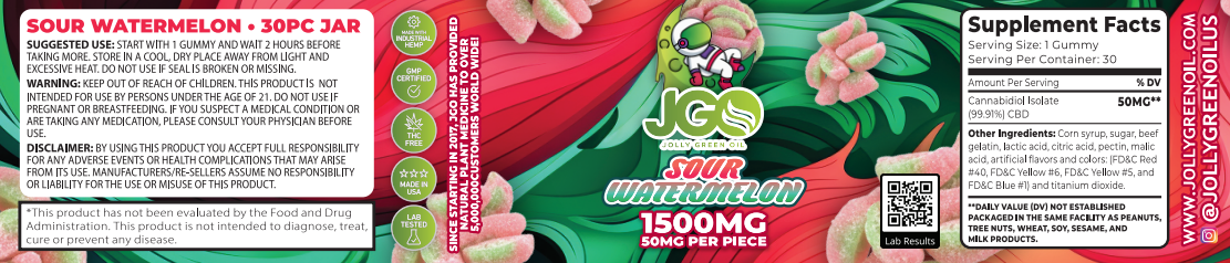 JGO CBD Sour Watermelon Slices, 1500 mg, 30 ct