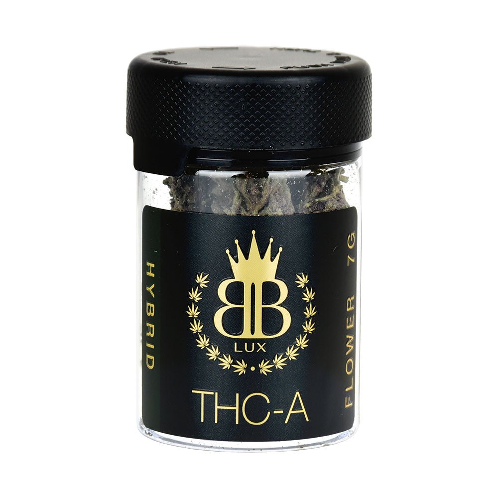 Glass jar of Budzburn Lux THCA Flower with THC-A label and stylish black gold lid