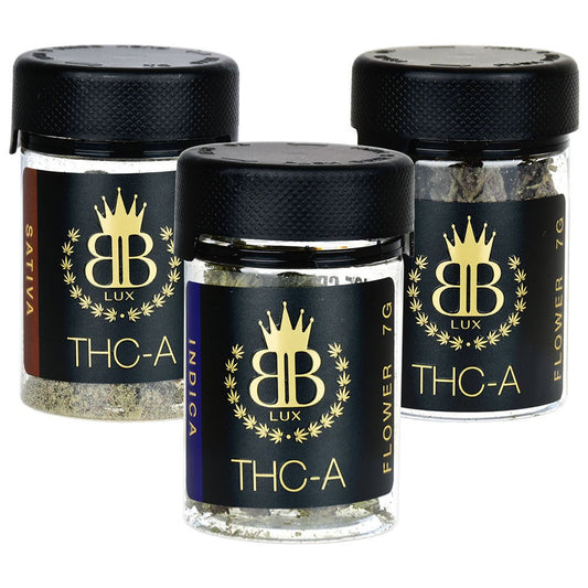 Three jars of Budzburn Lux THCA Flower with crown logo for an elevated experience