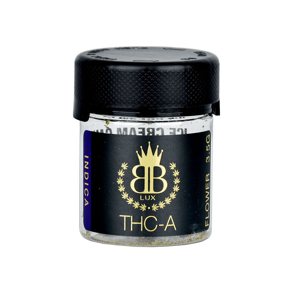 Black jar with gold logo and THC-A label from Budzburn Lux THCA Flower