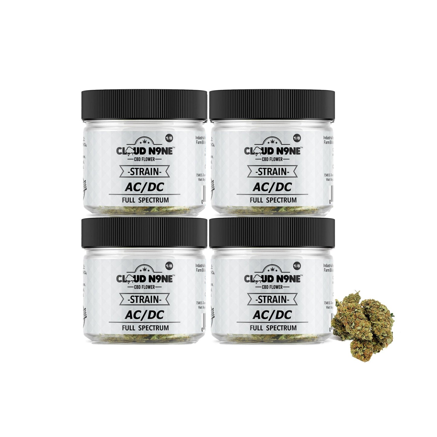 Four containers of Cloud N9ne CBD Flower AC/DC strain, one open showing the buds inside