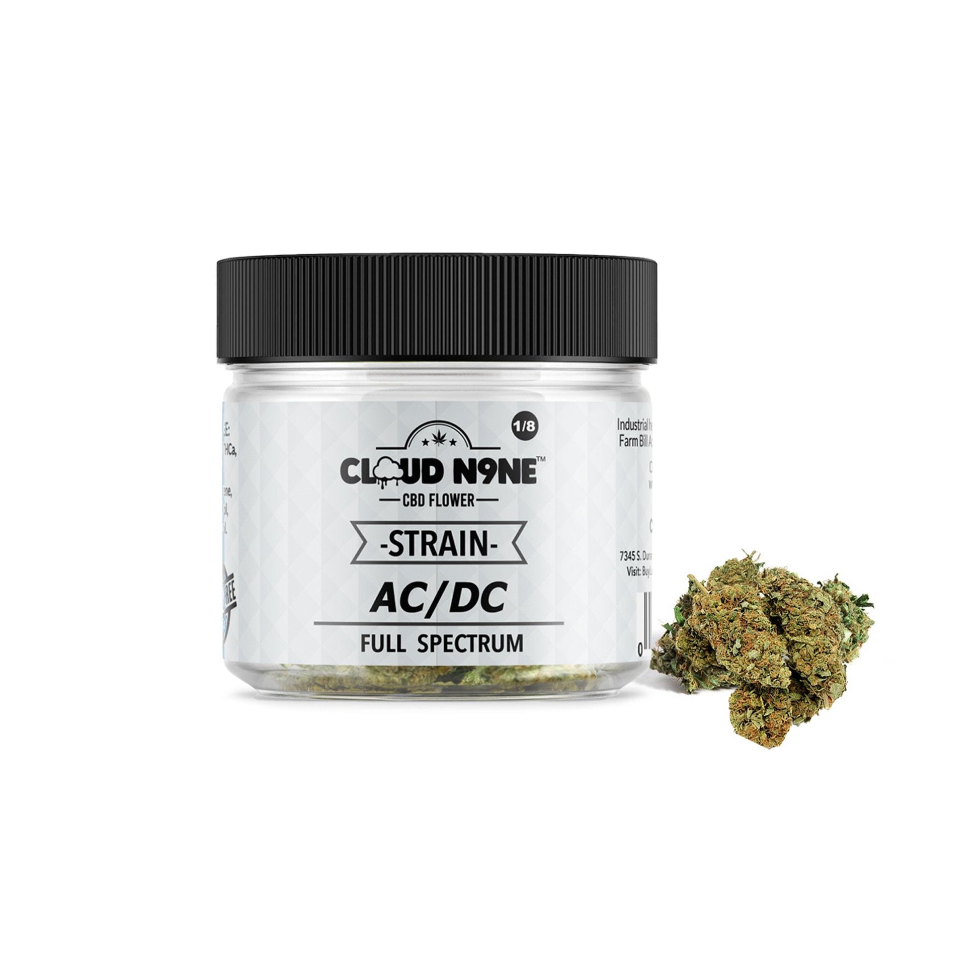 Glass jar of Cloud N9ne CBD Flower AC-DC strain with loose bud for a chill experience