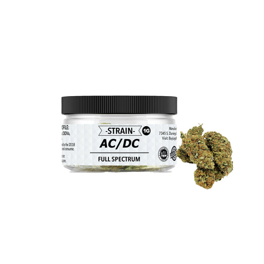 Clear jar of AC/DC Full Spectrum CBD flower from Cloud N9ne with strain logo