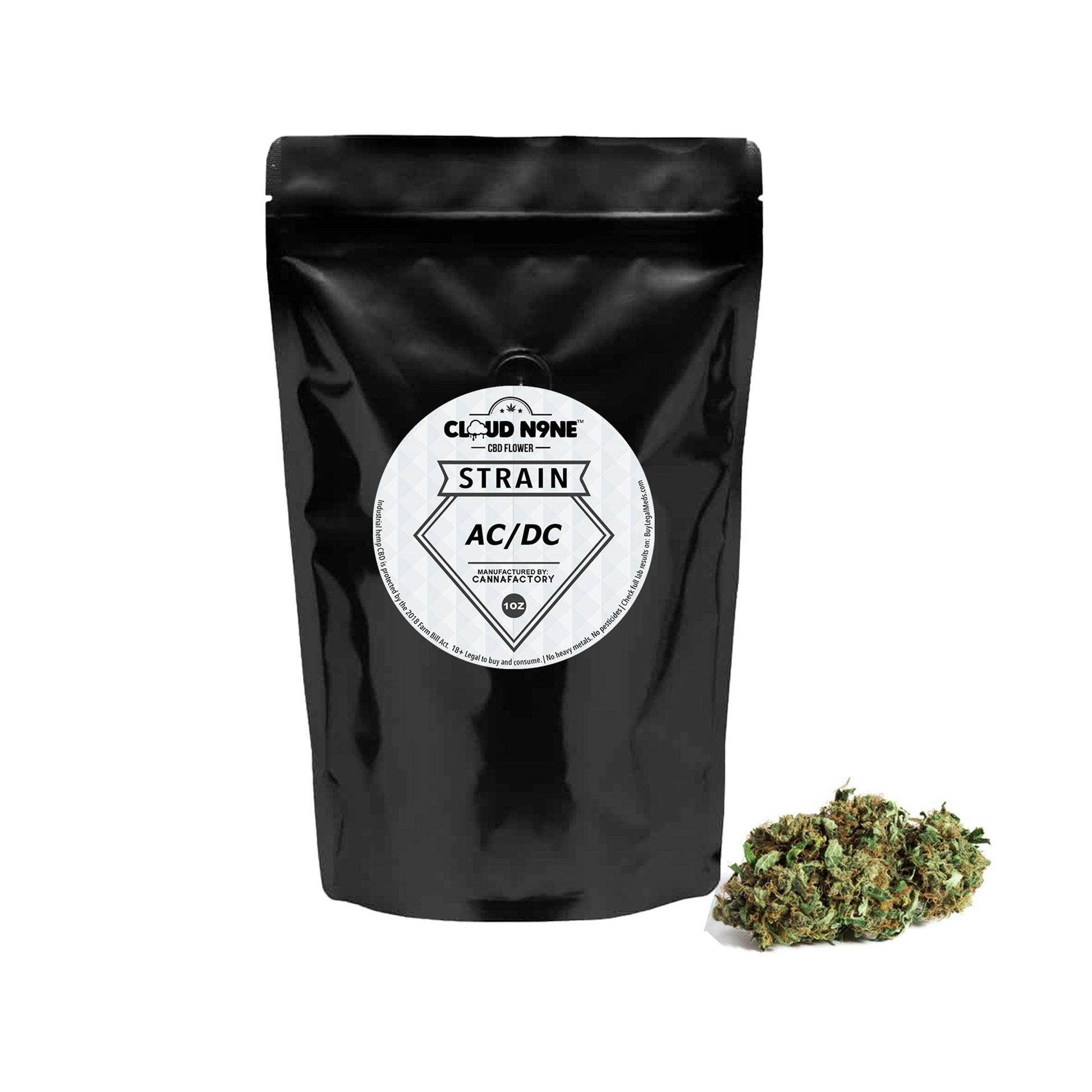 Black resealable pouch of Cloud N9ne CBD AC/DC strain with cannabis bud alongside