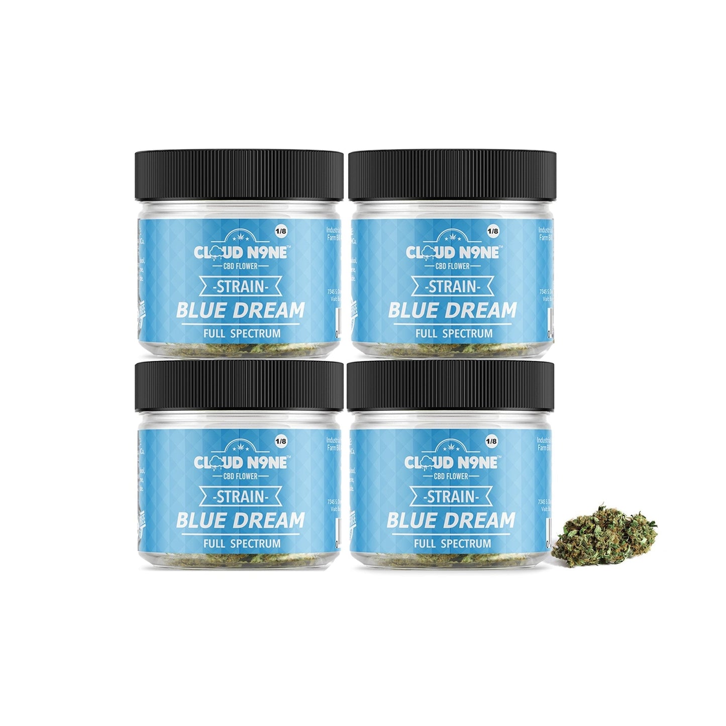 Four jars of Blue Dream cannabis with blue labels for Cloud N9ne CBD Flower