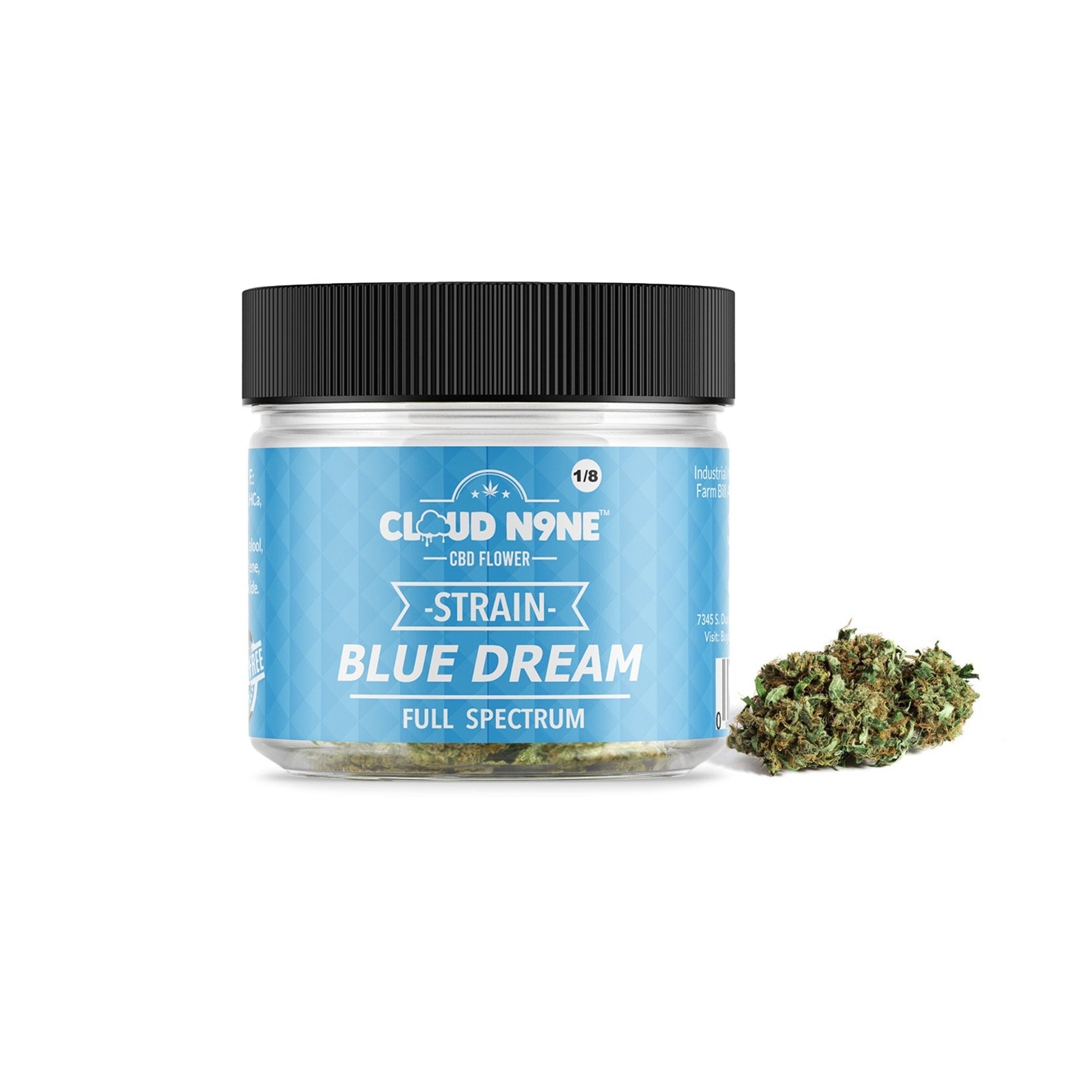 Glass jar of Blue Dream cannabis buds from Cloud N9ne CBD Flower product