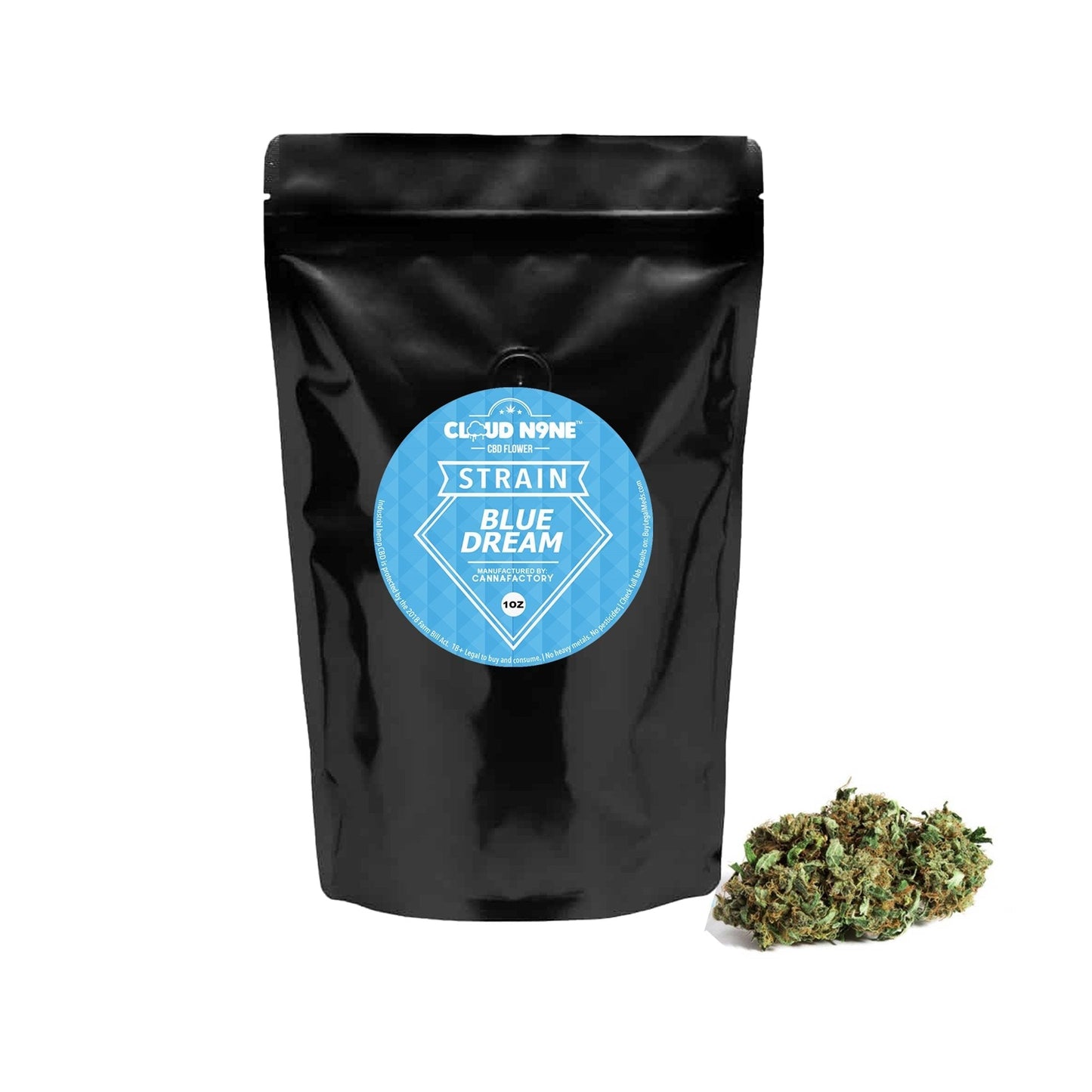 Black resealable pouch for Cloud N9ne CBD Flower Blue Dream with blue label