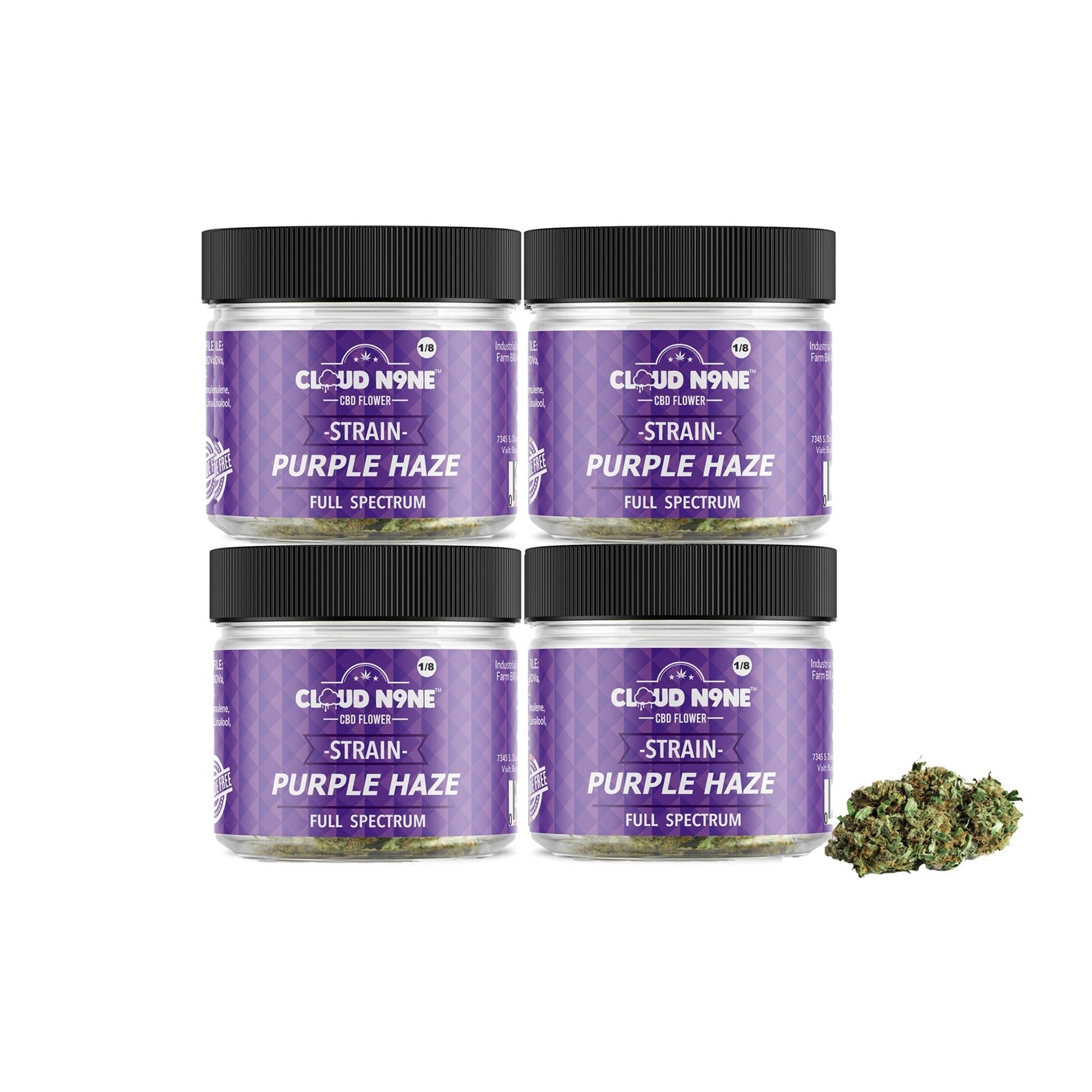 Four Purple Haze CBD flower jars from Cloud N9ne with a bud alongside for a chill vibe