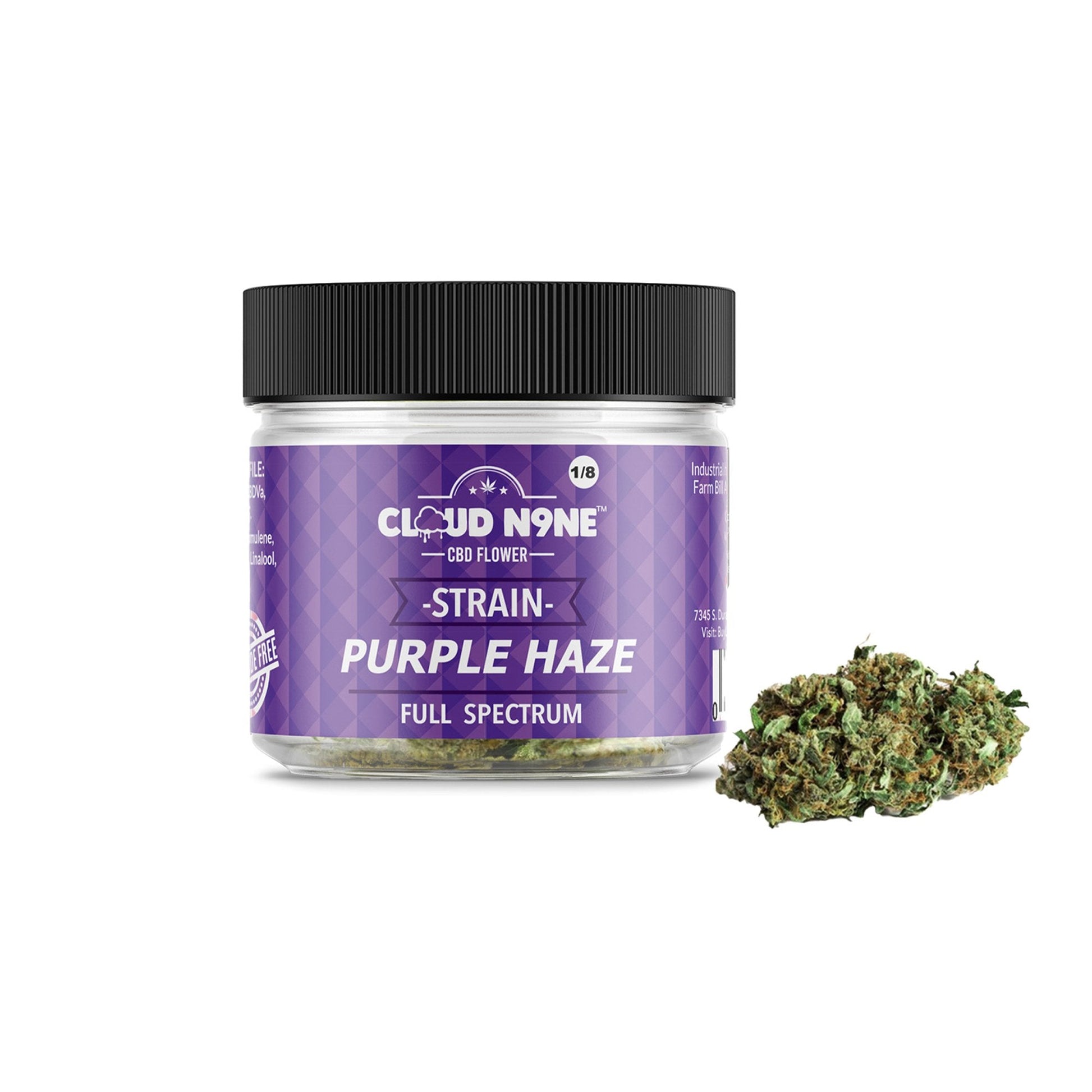 Container of Cloud N9ne CBD Flower Purple Haze with a marijuana bud beside it