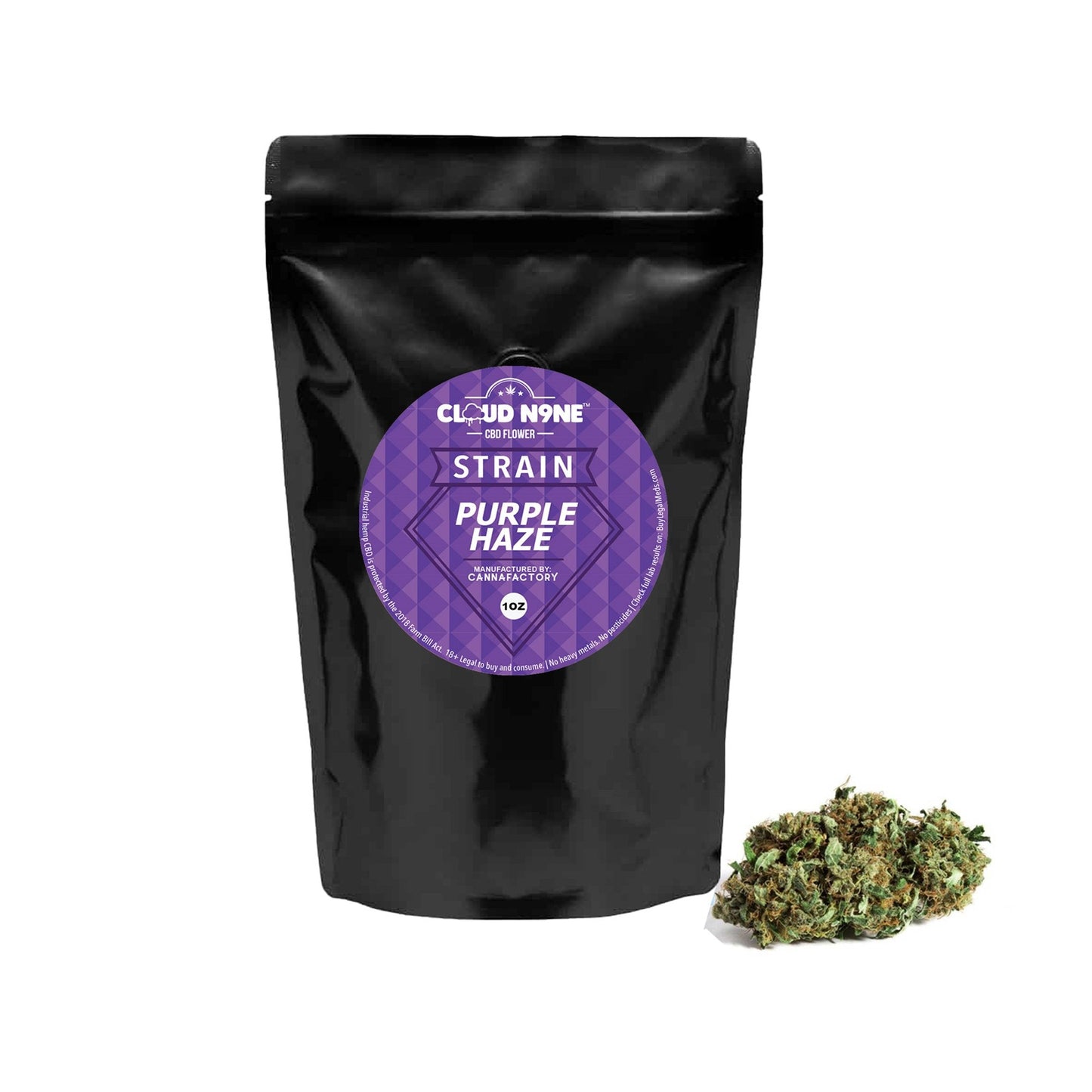 Black pouch with Purple Haze label and bud showcasing Cloud N9ne CBD Flower