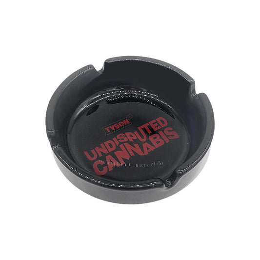 Round glass ashtray in black with red Undisputed Cannabis text for your smoking needs