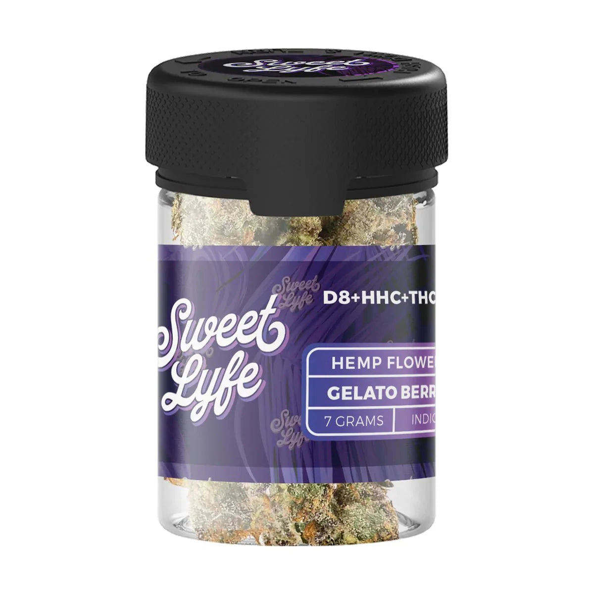 Glass jar of Sweet Lyfe hemp flower from our Delta 8 HHC THCP Sampler Pack