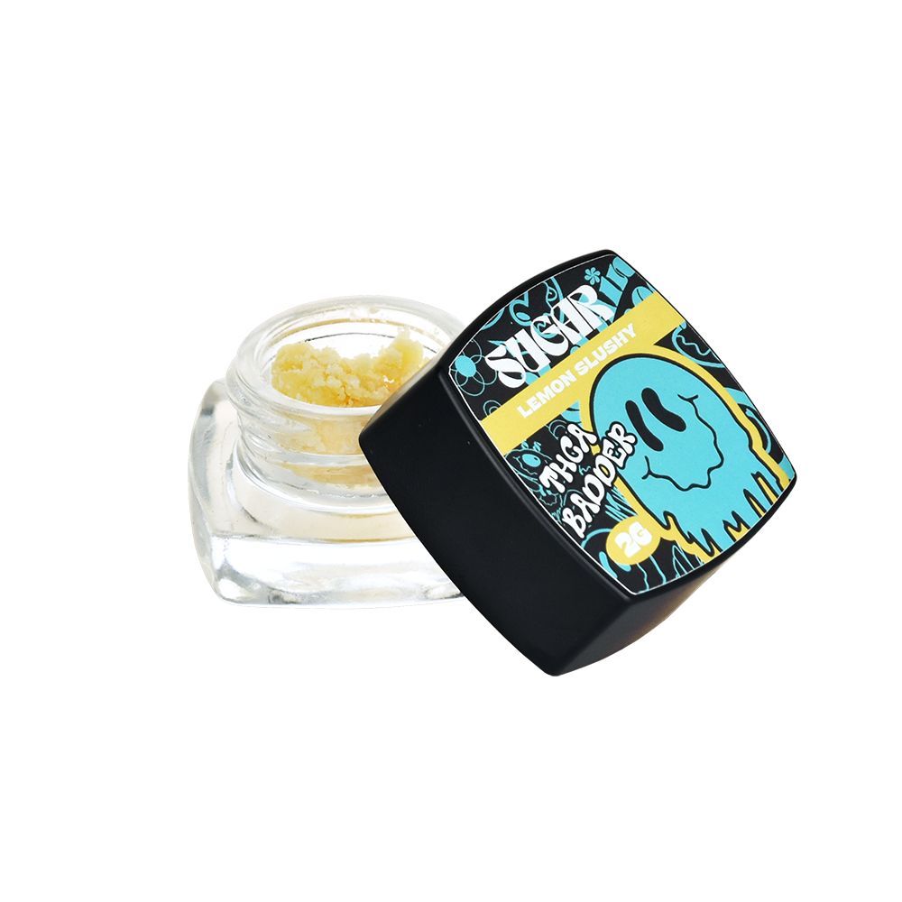 Cannabis concentrate container with colorful branding and cartoon elephant for THCA Badder Live