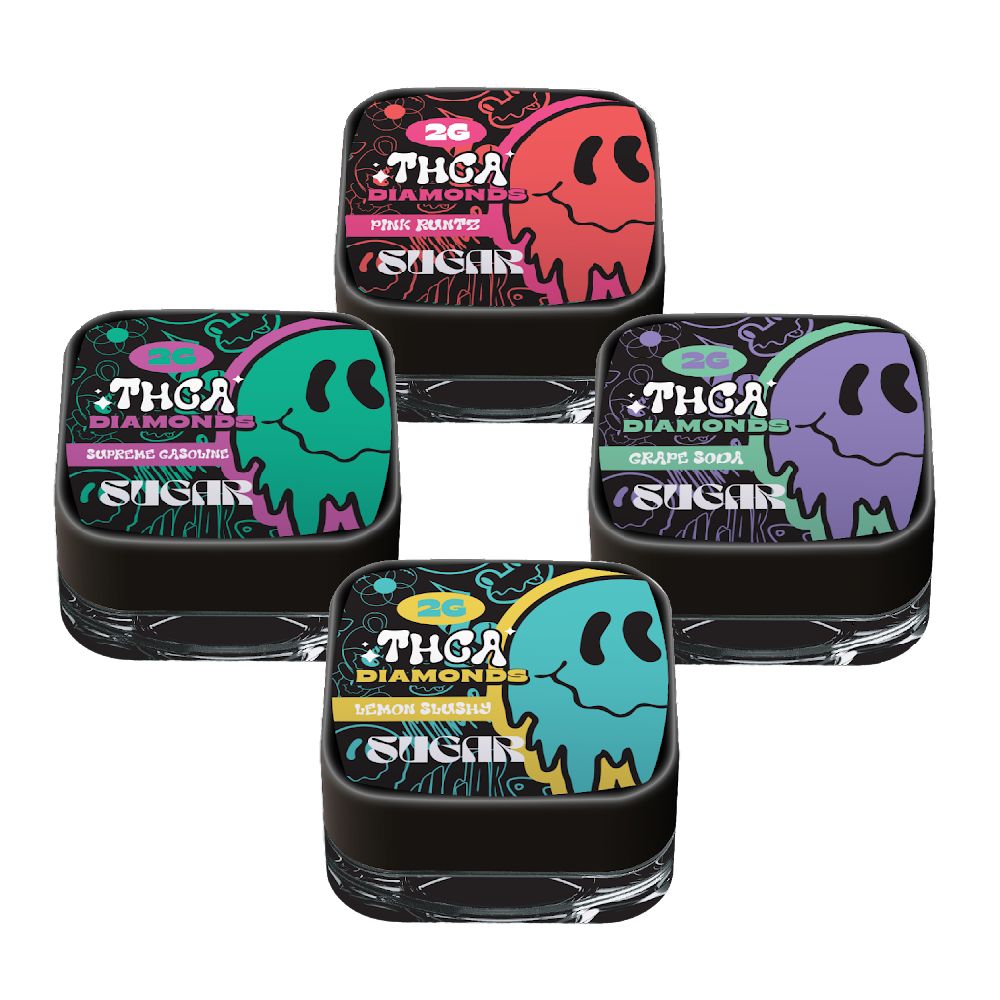 Four colorful jars of THCA Diamonds cannabis concentrate in fun flavors for a lit experience