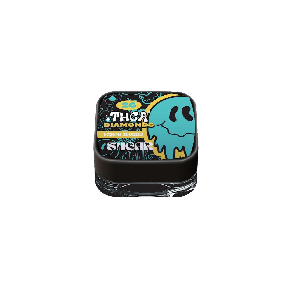 Colorful square container with a melting smiley face, perfect for THCA Diamonds fans