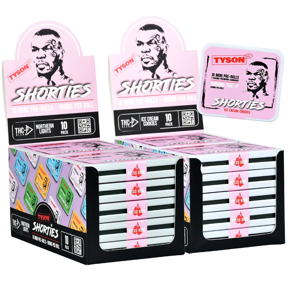 Tyson Shorties ice cream packages with Mike Tyson’s portrait in THCP Blend Mini display