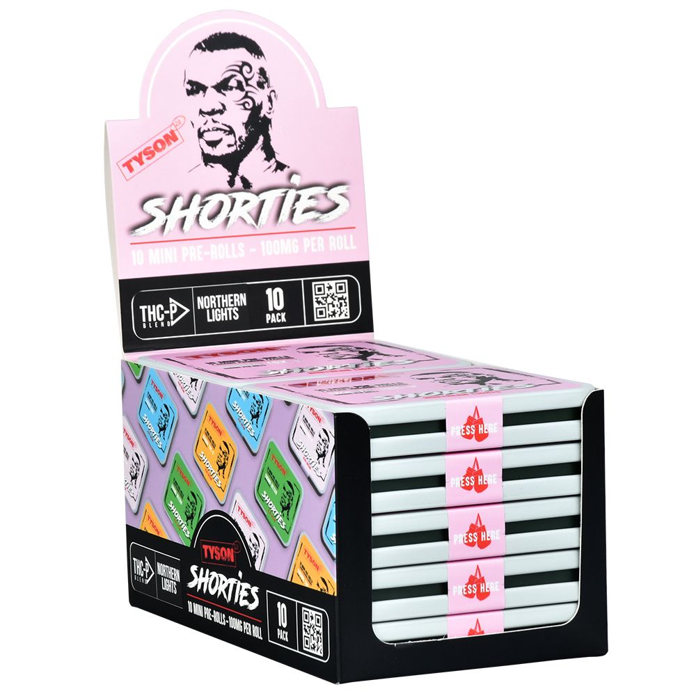 Display box with Shorties rolling papers and THCP Blend Mini Pre-Rolls in a stylish tin