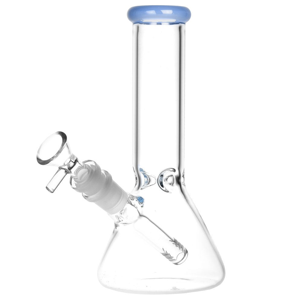 Stylish glass beaker water pipe with a blue cap and angled stem for smooth hits