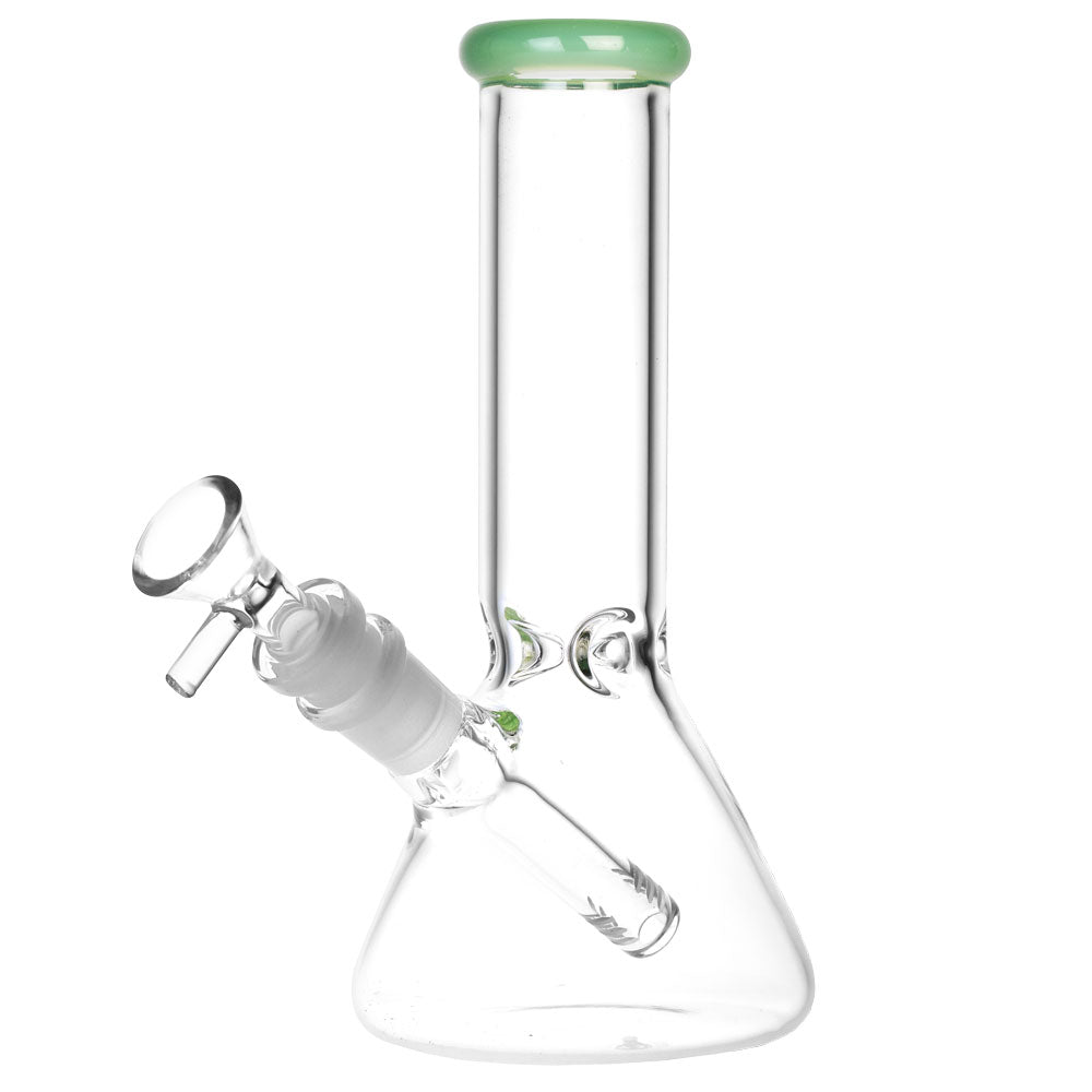 Glass beaker water pipe with a green cap and angled stem for an elevated experience