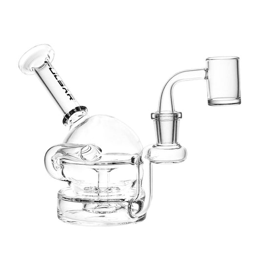 Glass water pipe with curved mouthpiece for an elevated recycler dab experience