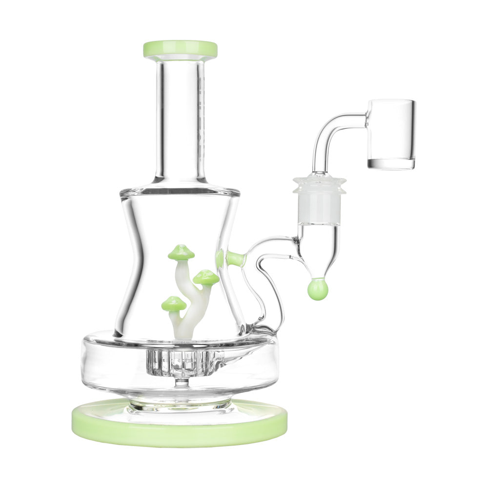 Glass water pipe with green accents and percolators for a smooth Pulsar dab experience