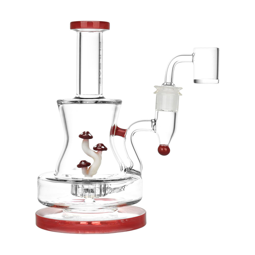 Glass Pulsar Dab Rig with red accents and fun mushroom-shaped percolators