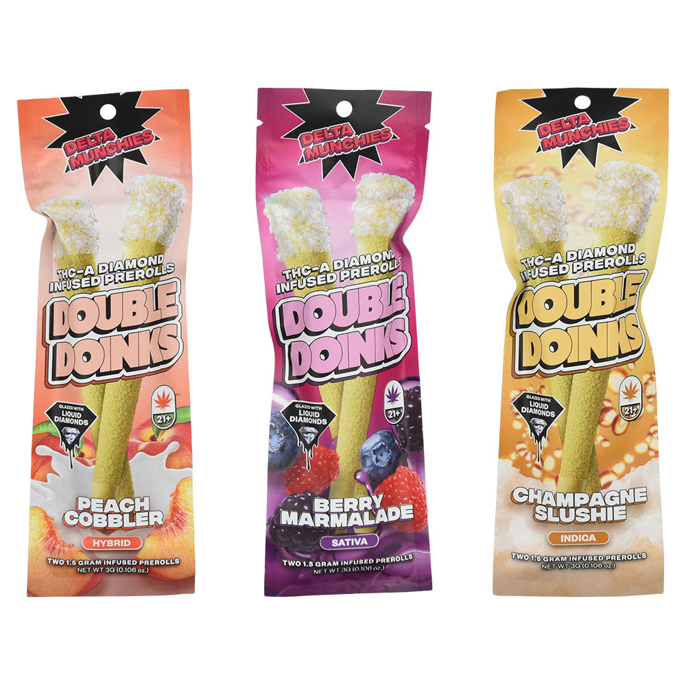 Three Delta Munchies Double Doink pre-rolls in vibrant colors and flavors