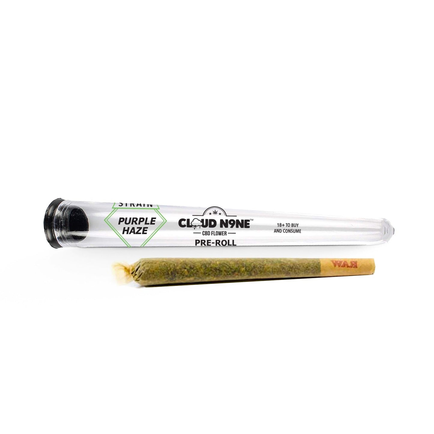 Pre-rolled cannabis joint in a glass tube labeled Purple Haze for Cloud N9ne CBD