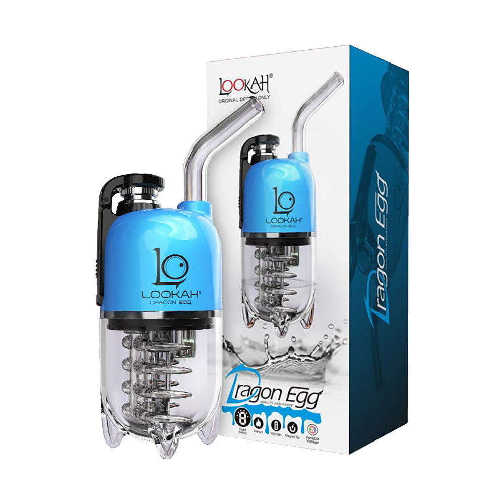 Egg-shaped glass water bottle with blue cap and infuser for your ultimate electric dab sessions