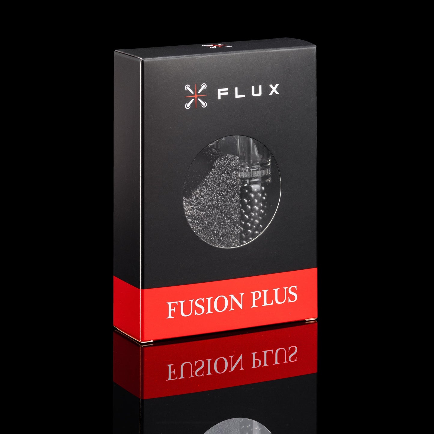 Flux Fusion Plus product box with a circular window displaying carbon ball filter contents