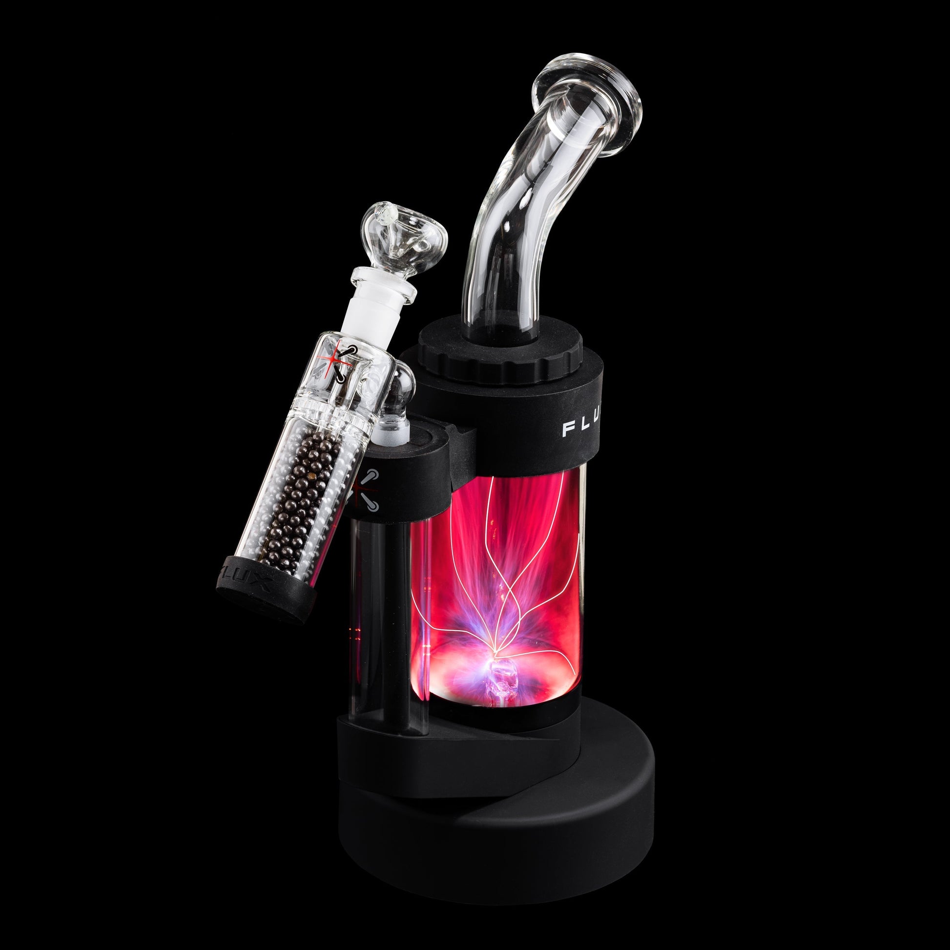 Glass water pipe with red chamber and percolator for Flux Fusion Carbon Ball Filter